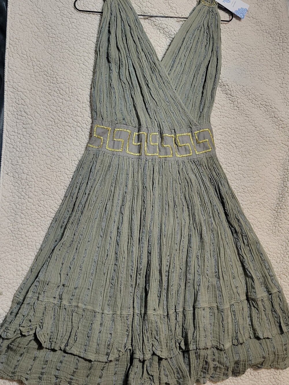 Greek Goddess Olive Green Crinkle Dress with Geometric Waist NWT